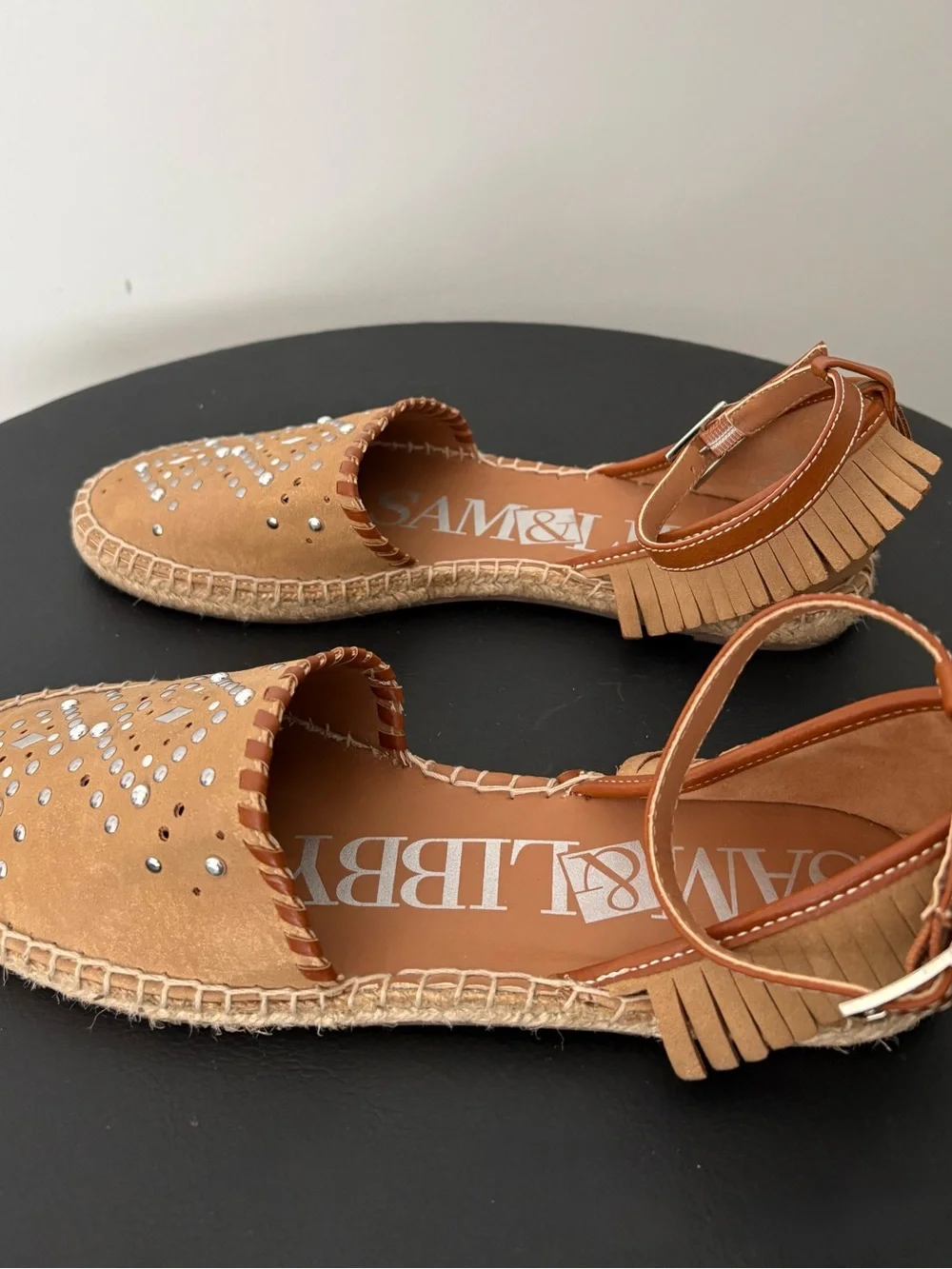 Sam & Libby Studded Tan Espadrille Flats with Ankle Strap - Women Sz 8